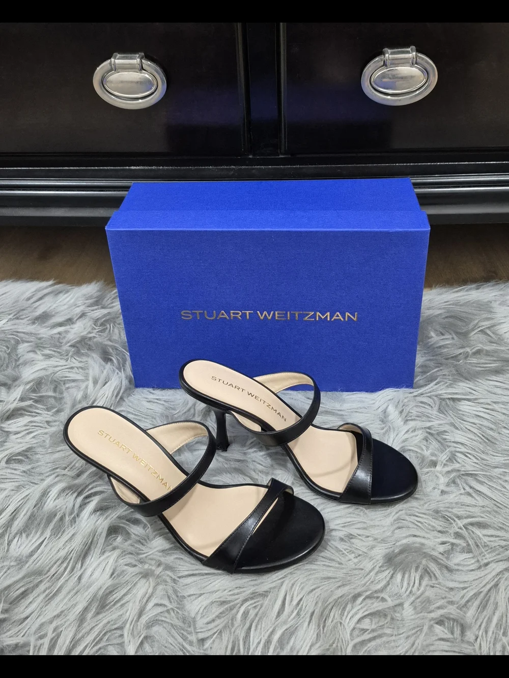 STUART WEITZMAM Nudist Slide 85 Black Suede Strappy High-Heel Sandals Size 7.5B